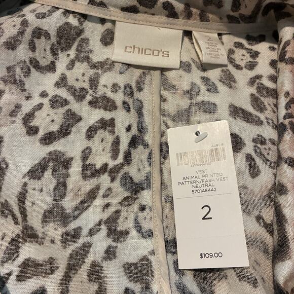 Chicos Vest Size 2 (L) Animal Print Open Front Linen Blend Functional Zip Pocket - Picture 3 of 7